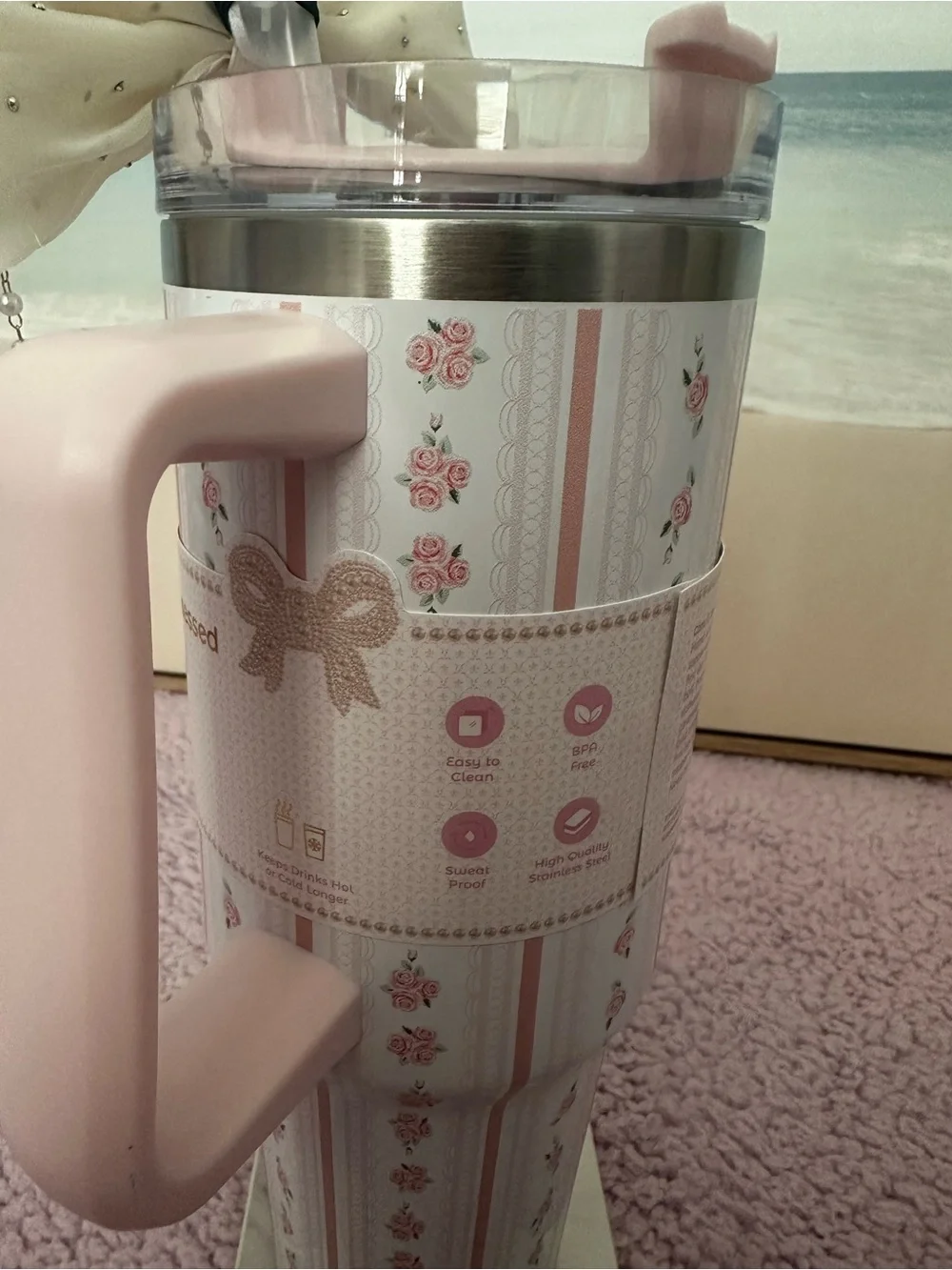 Cream Bow Straw Tumbler with Pink Floral Travel Mug